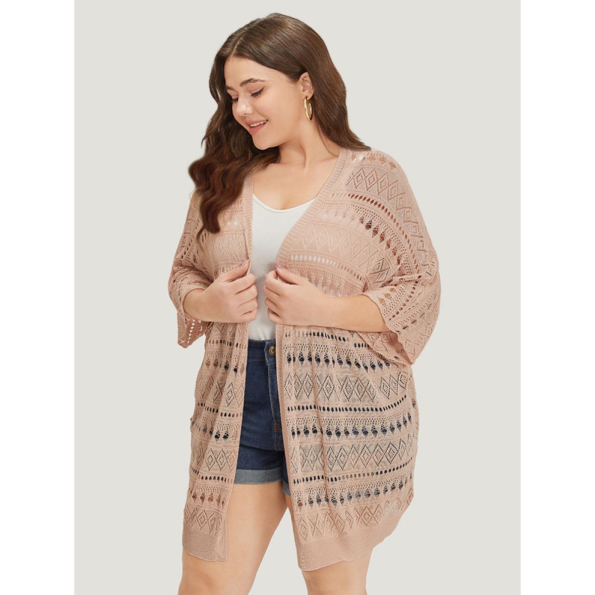 Plus Size Plain Geometric Eyelet Batwing Sleeve Open Front Cardigan Apricot Women Casual Short sleeve Everyday Cardigans BloomChic 12/L Product Image