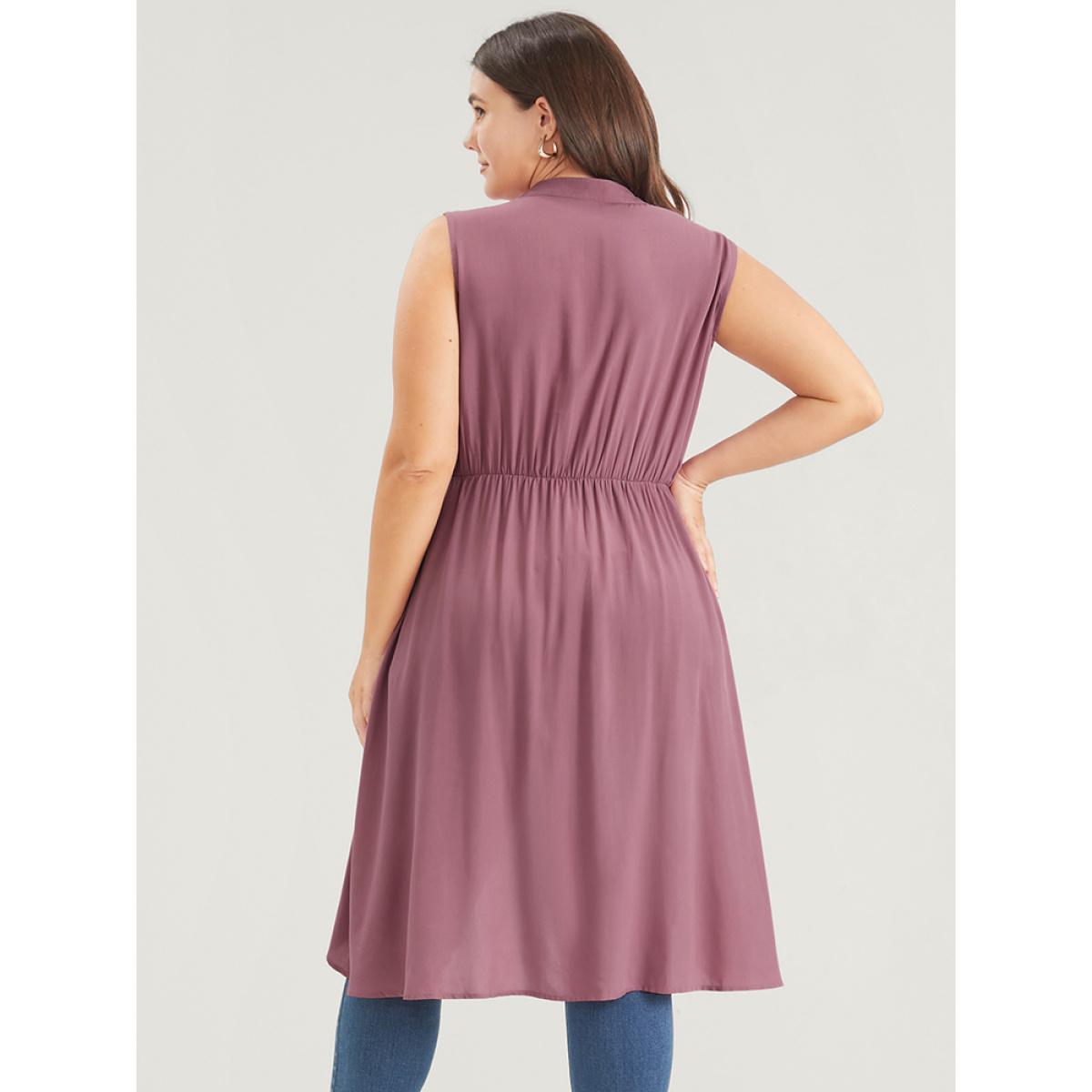 Plus Size DustyPink Solid Gathered Button High Low Hem Fake Pocket Tank Top Women Elegant Sleeveless V-neck Dailywear Blouses BloomChic 18-20/2X Product Image