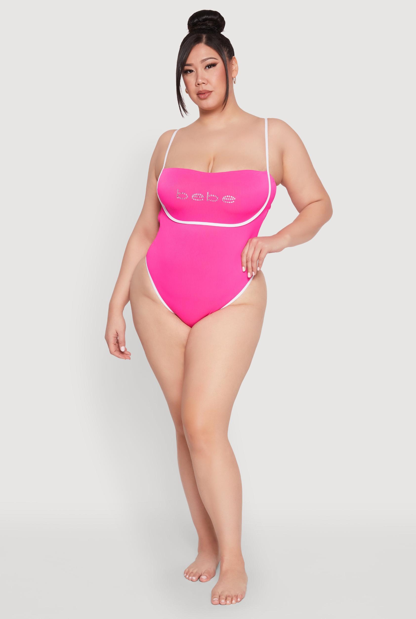 Womens Plus Size Bebe Rhinestone Tie Back One Piece Swimsuit Product Image