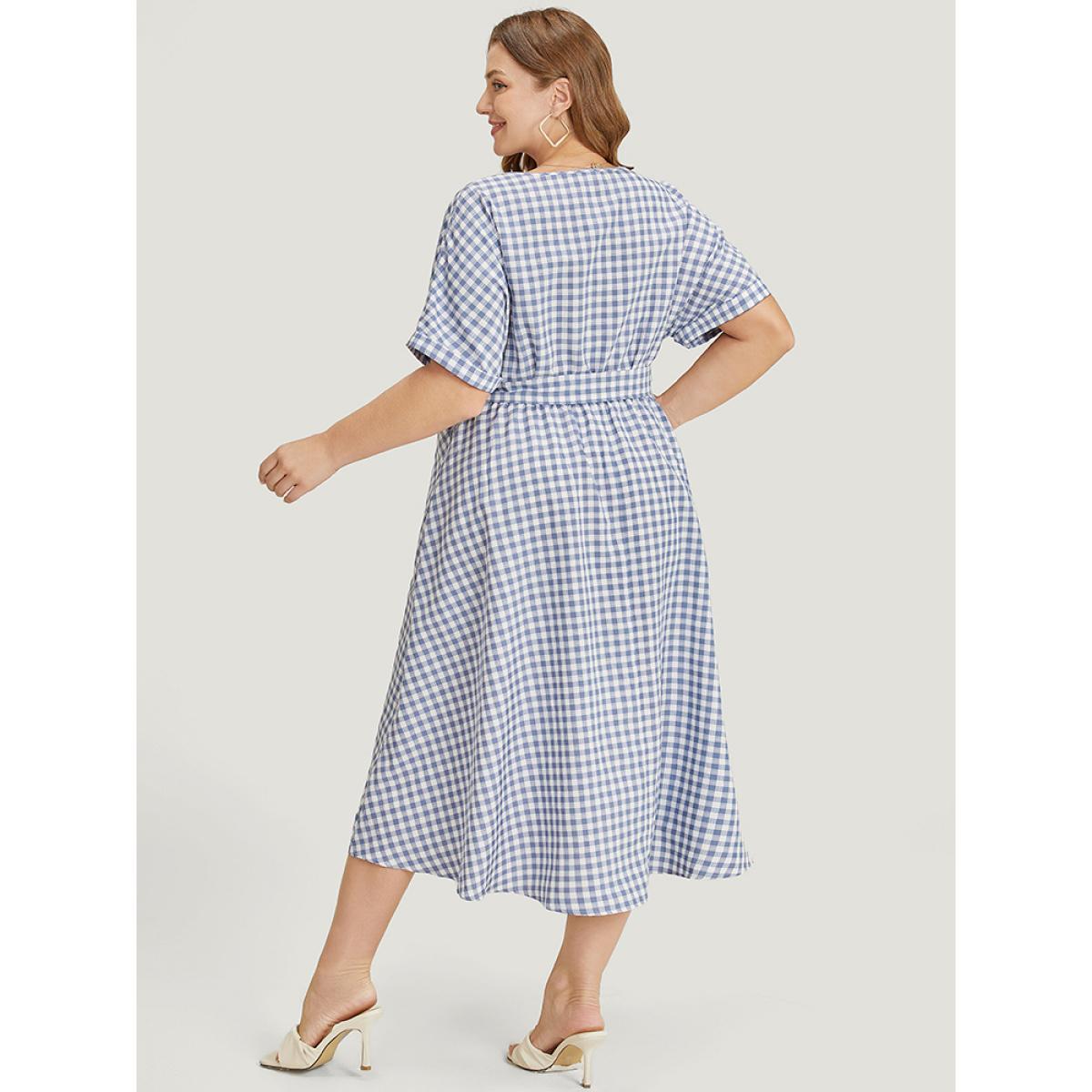 Plus Size Gingham Print Roll Batwing Sleeve Belt Pocket Wrap Dress Stone Women Office Wrap V-neck Short sleeve Curvy Midi Dress BloomChic 26/4X Product Image