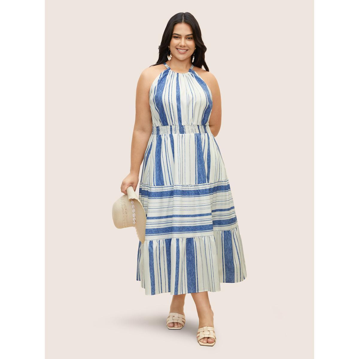 Plus Size Halter Contrast Striped Shirred Maxi Dress LightBlue Women Resort Shirred Halter neck Sleeveless Curvy BloomChic 30/6X Product Image