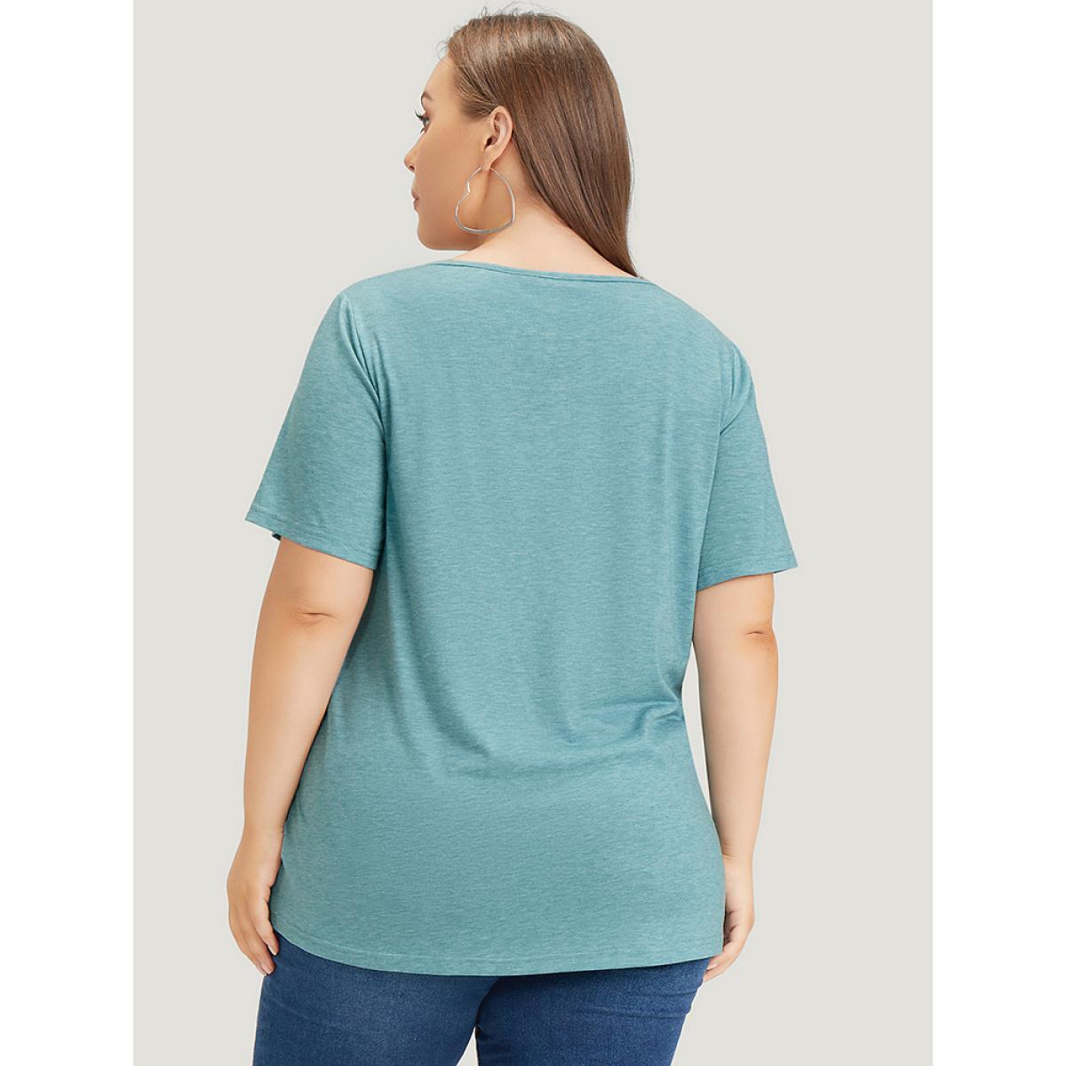 Plus Size Plain Heather Button Detail Patch Pocket T-shirt Cerulean Women Casual Heather Plain Round Neck Dailywear T-shirts BloomChic 10/M Product Image