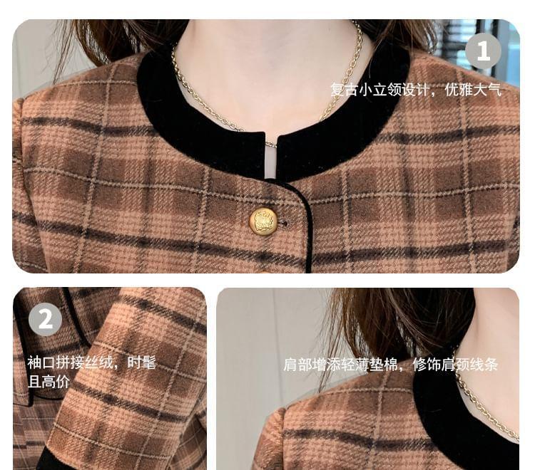 Set: Stand Collar Plaid Contrast Trim Button-Up Crop Jacket + High Waist Pleated Mini A-Line Skirt Product Image