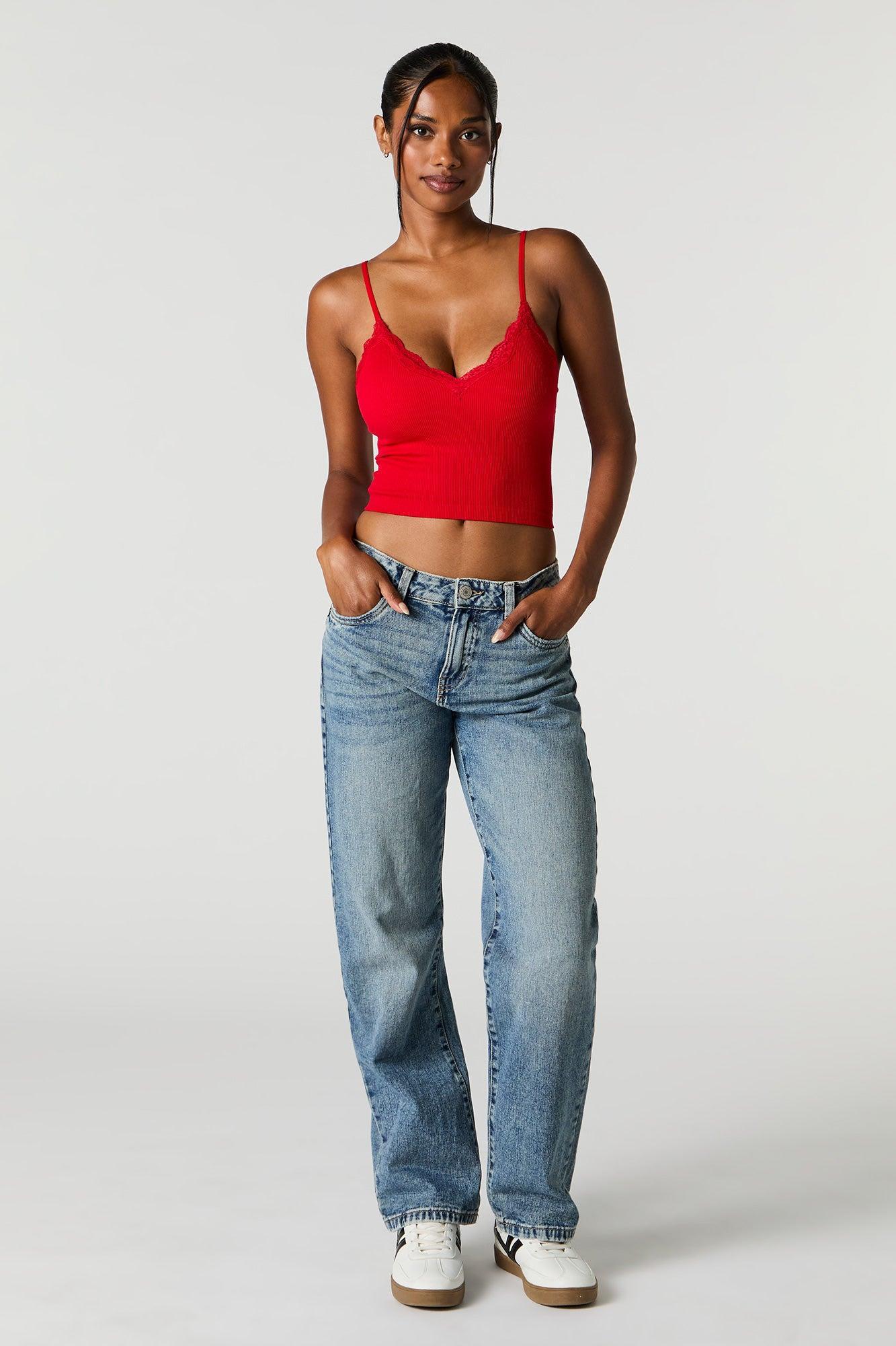 Seamless Ribbed Lace Trim Cami with Built-In Bra Cups Female Product Image