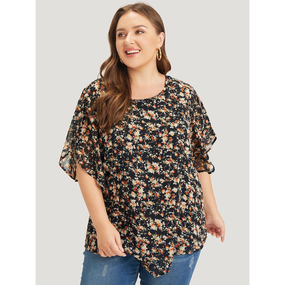 Plus Size Black Ditsy Floral Split Petal Sleeve Crew Neck Blouse Women Elegant Short sleeve Round Neck Dailywear Blouses BloomChic 12/L Product Image
