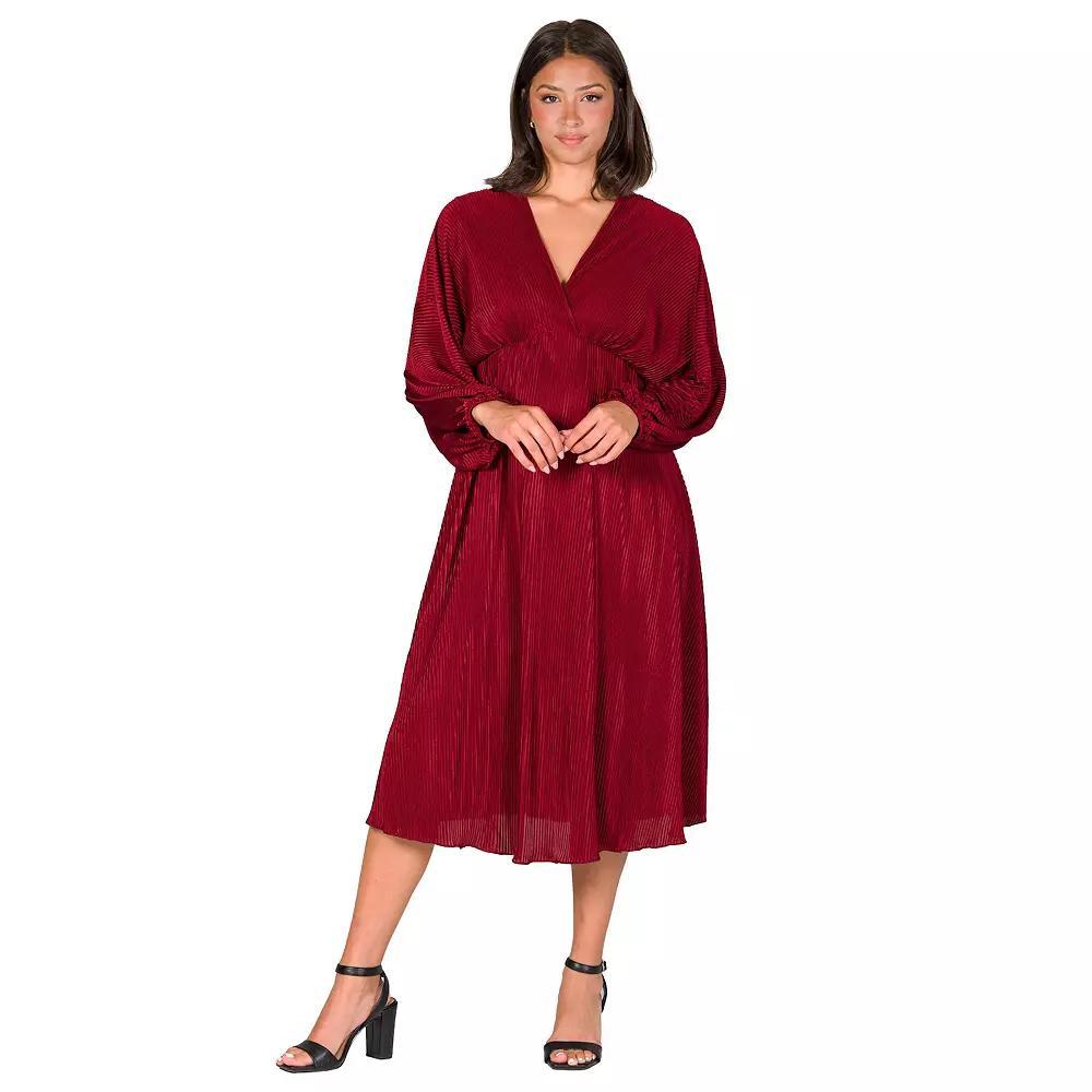 Women's 24Seven Comfort Apparel V-Neck Empire Waist Bishop Sleeve Midi Dress, Size: 1XL, Red Product Image