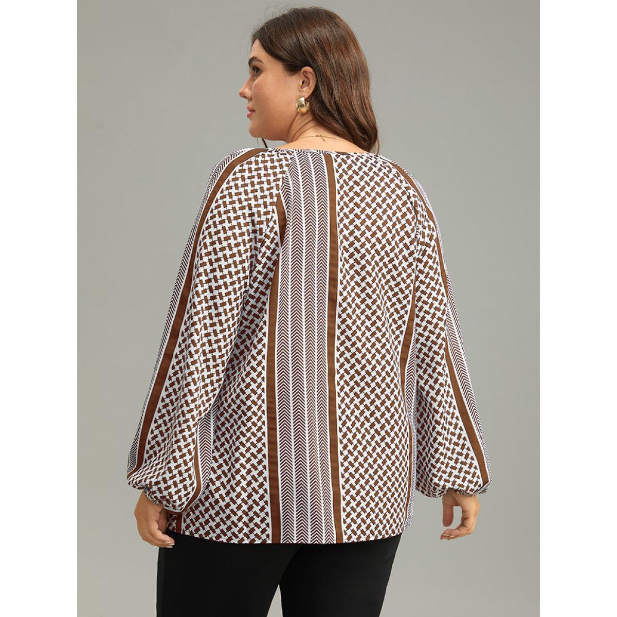 Plus Size Chocolate Geo Striped Tie Lantern Sleeve Blouse Women Resort Long Sleeve Tie Neck Vacation Blouses BloomChic 26/4X Product Image