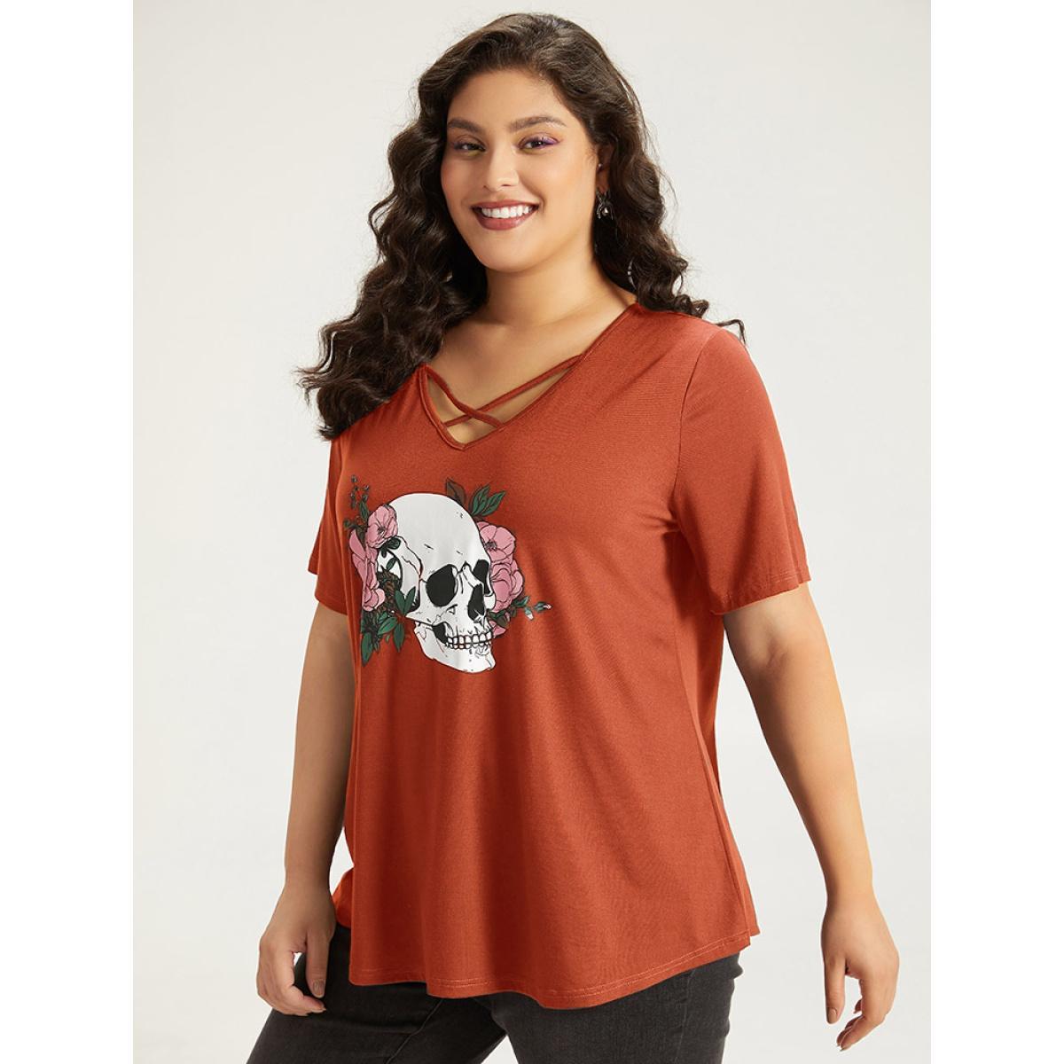 Plus Size Halloween Skull Print Crisscross V Neck T-shirt Chocolate Women Casual Printed Halloween Festival-Halloween T-shirts BloomChic 14-16/1X Product Image