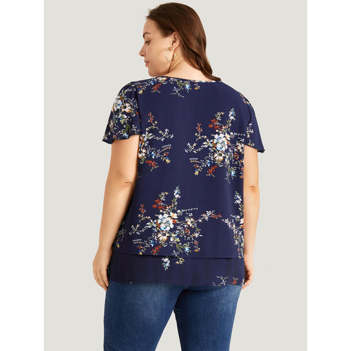 Plus Size Indigo Floral Print Keyhole Flutter Sleeve Blouse Women Elegant Short sleeve Keyhole Cut-Out Dailywear Blouses BloomChic 14-16/1X Product Image