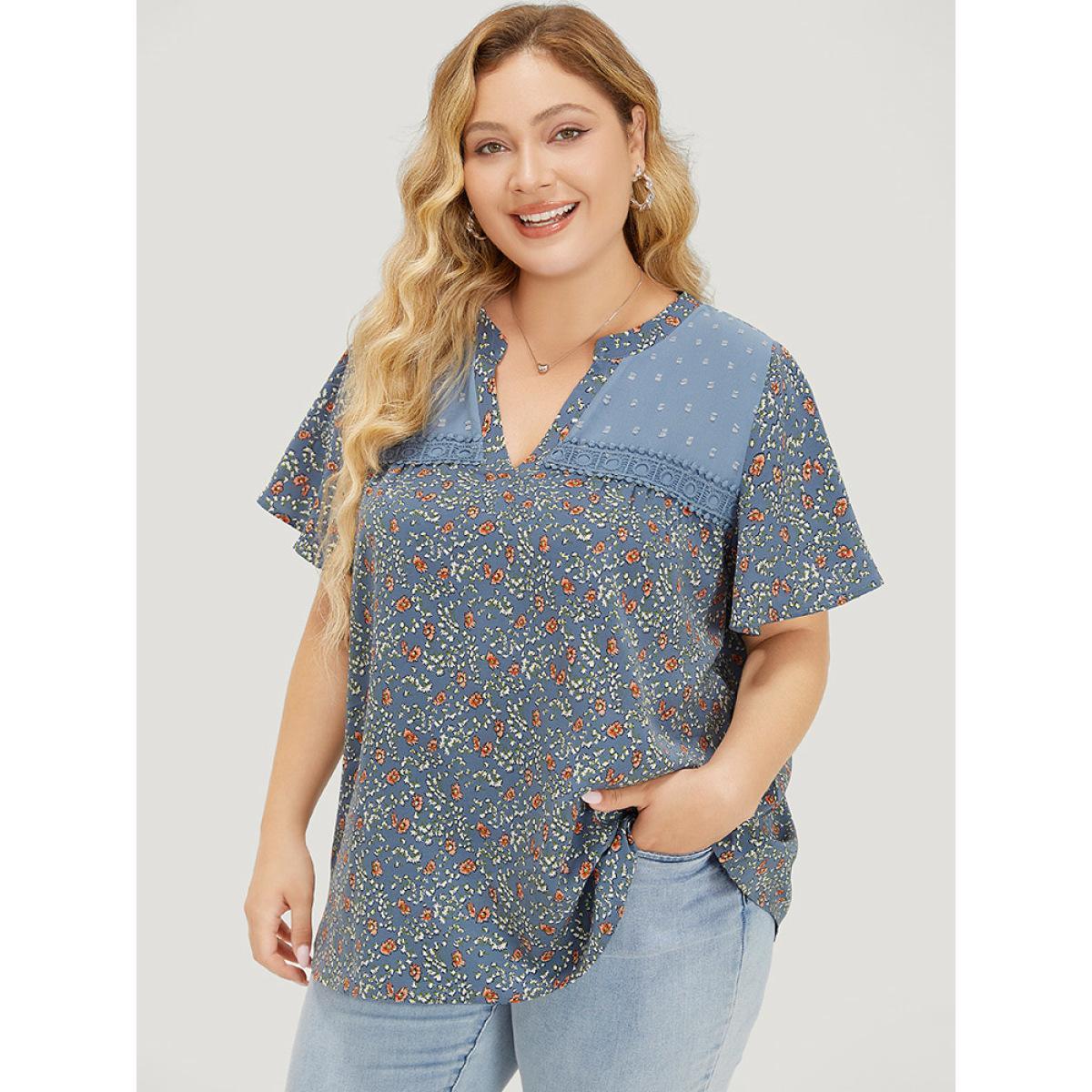 Plus Size Stone Ditsy Floral & Polka Dot Lace Notched Neck Blouse Women Elegant Short sleeve Notched collar Dailywear Blouses BloomChic 14-16/1X Product Image
