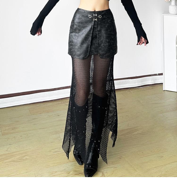 High Rise Faux Leather Mesh Panel Maxi A-Line Skirt Product Image