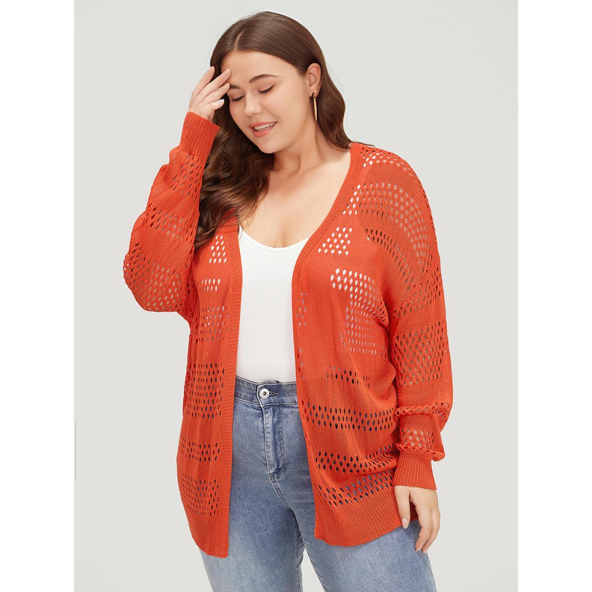 Plus Size Plain Open Front Elastic Sleeve Cut Out Cardigan Scarlet Women Casual Loose Long Sleeve Everyday Cardigans BloomChic 22-24/3X Product Image
