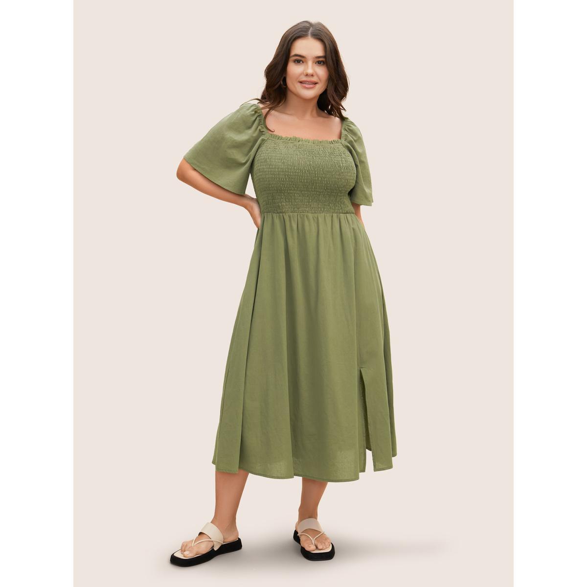 Plus Size Cotton Square Neck Shirred Ruffle Sleeve Split Hem Dress ArmyGreen Women Casual Gathered Square Neck Short sleeve Curvy BloomChic 28/5X Product Image