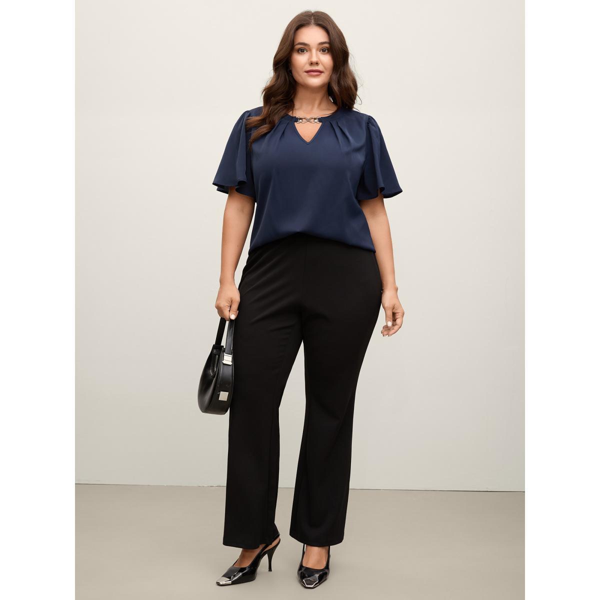 Plus Size DarkBlue Metal Clasp Neckline Lotus Leaf Sleeve Blouse Women Short sleeve Non Work Blouses BloomChic 28/5X Product Image
