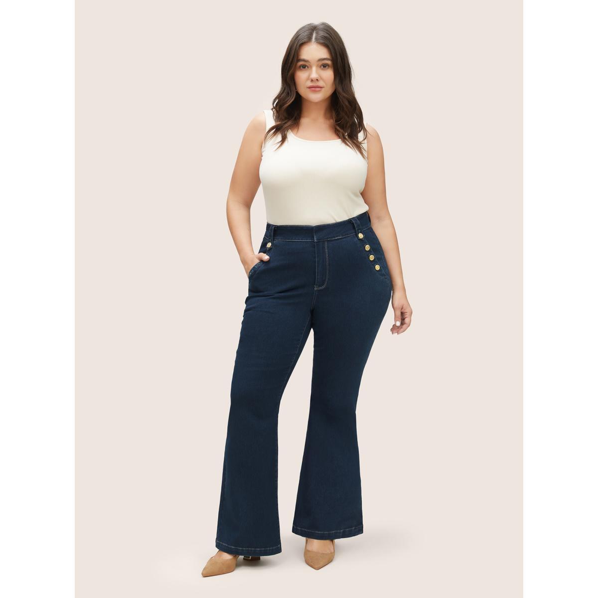 Plus Size Dark Wash Zipper Button Detail Flare Leg Jeans Women DarkBlue Elegant Plain Non High stretch Slanted pocket Jeans BloomChic 18/2X Product Image