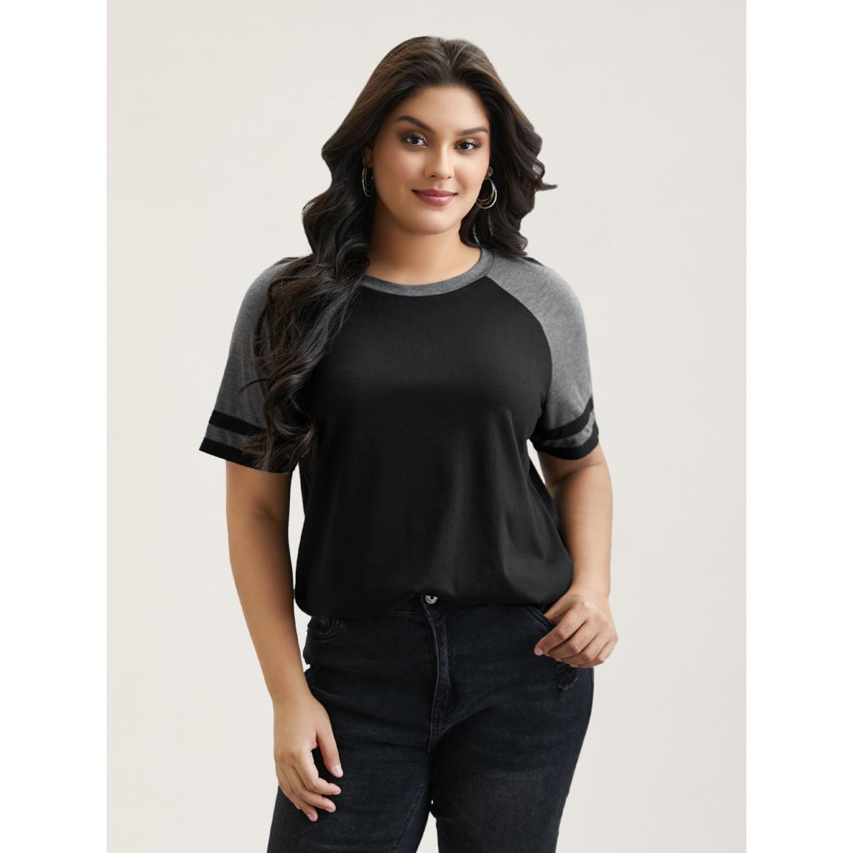 Plus Size Color Block Stretchy Raglan Sleeve T-Shirt Black Women Casual Contrast Round Neck Everyday T-shirts BloomChic 22-24/3X Product Image