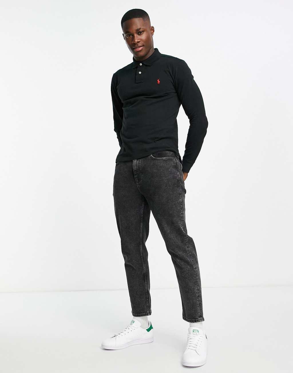 Polo Ralph Lauren icon logo slim fit long sleeve pique polo in black Product Image