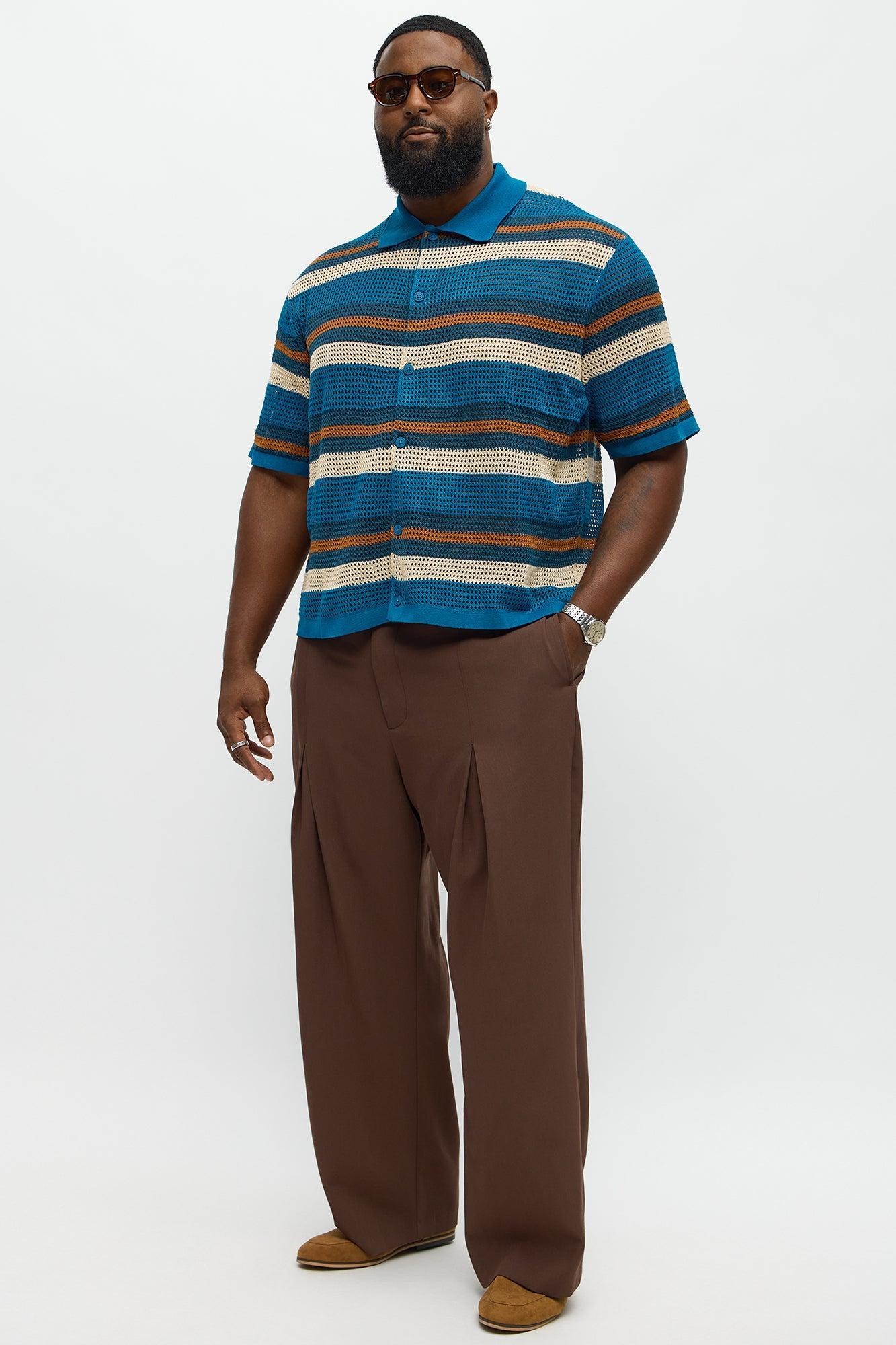 Regular Fit Striped Crochet Button Up Shirt - Blue Product Image