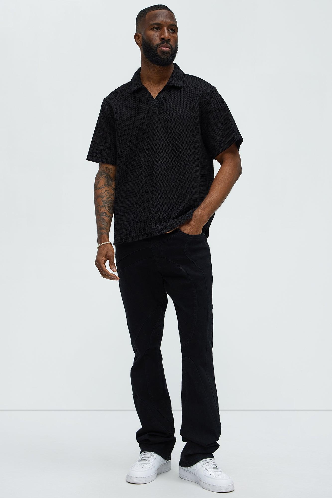 Raffia Texture Knit Johnny Collar Shirt - Black Product Image