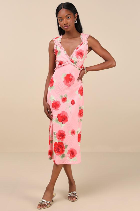Clarrie Pink Floral Crinkle Satin Ruffled Midi Dress Product Image