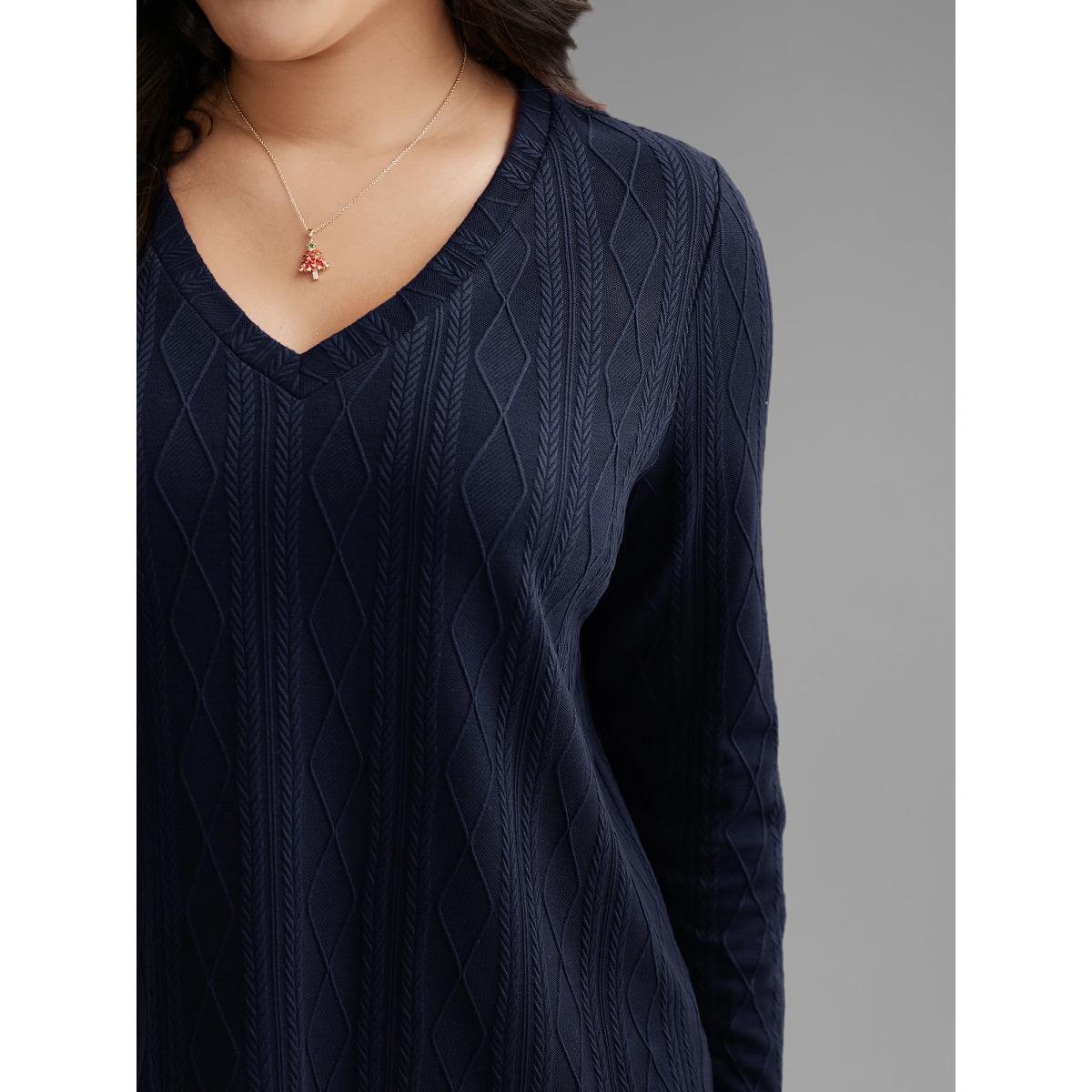 Plus Size V-neck Cable Knit Slim-Fit Tee Indigo Women Casual Texture V-neck Everyday T-shirts BloomChic 30/6X Product Image