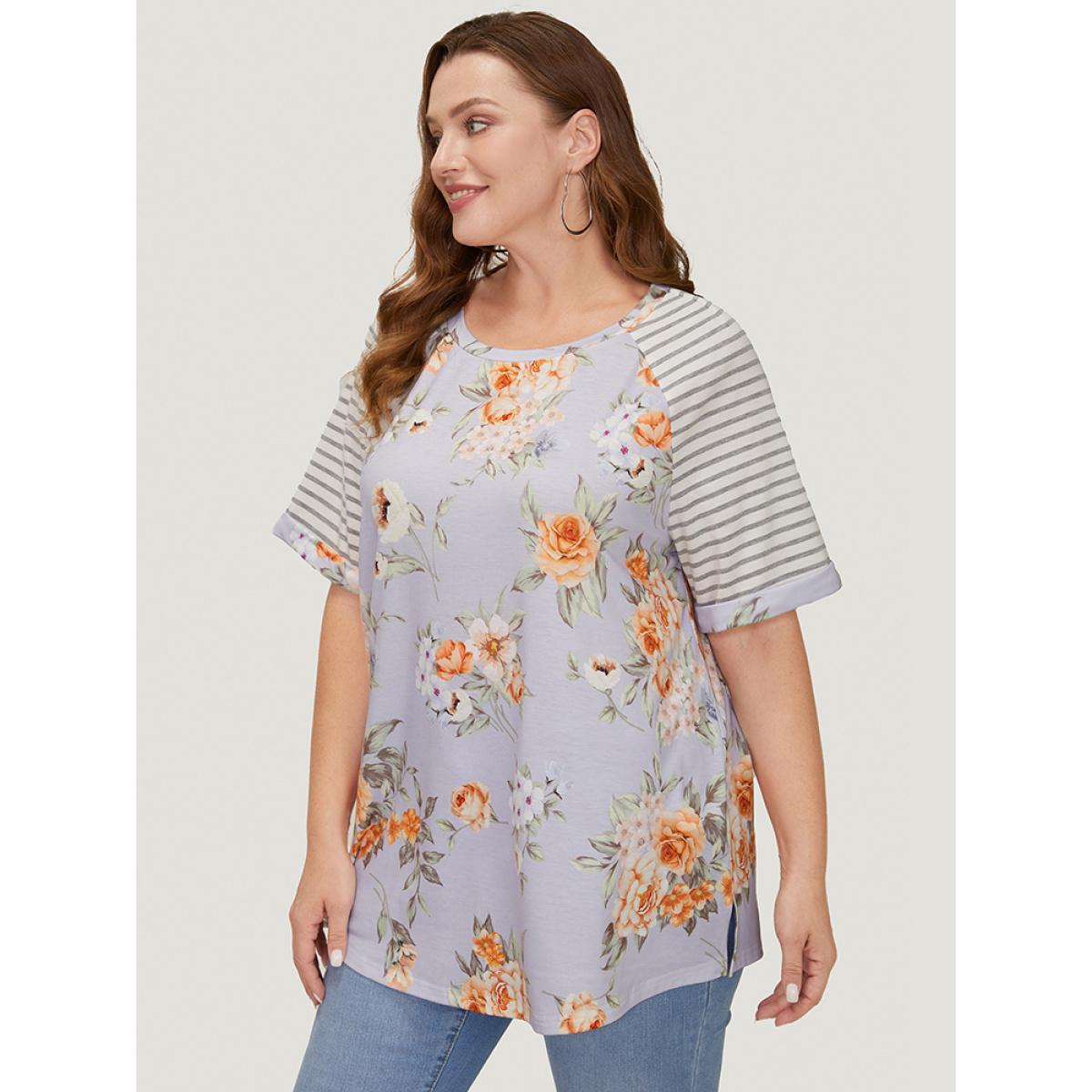 Plus Size Floral & Striped Print Patchwork Roll Raglan Sleeve T-shirt Lavender Women Elegant Patchwork Striped Round Neck Dailywear T-shirts BloomChic 10/M Product Image