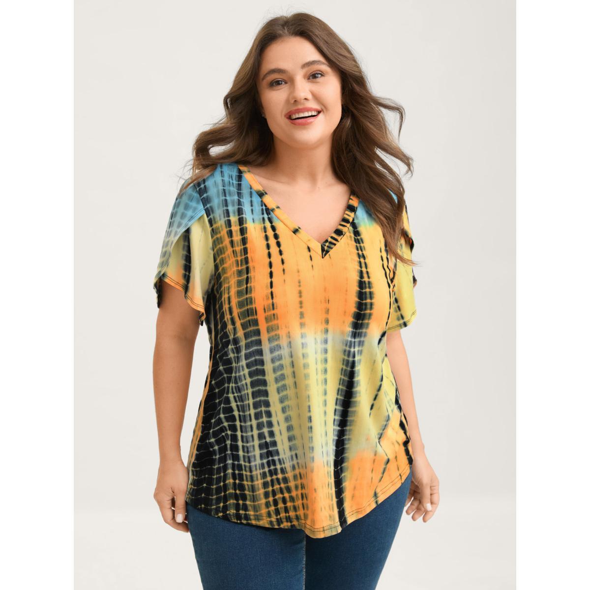 Plus Size Tie-Dye Petal Sleeve V-Neck T-Shirt Multicolor Women Petal edge V-neck Everyday-Casual T-shirts BloomChic 18-20/2X Product Image