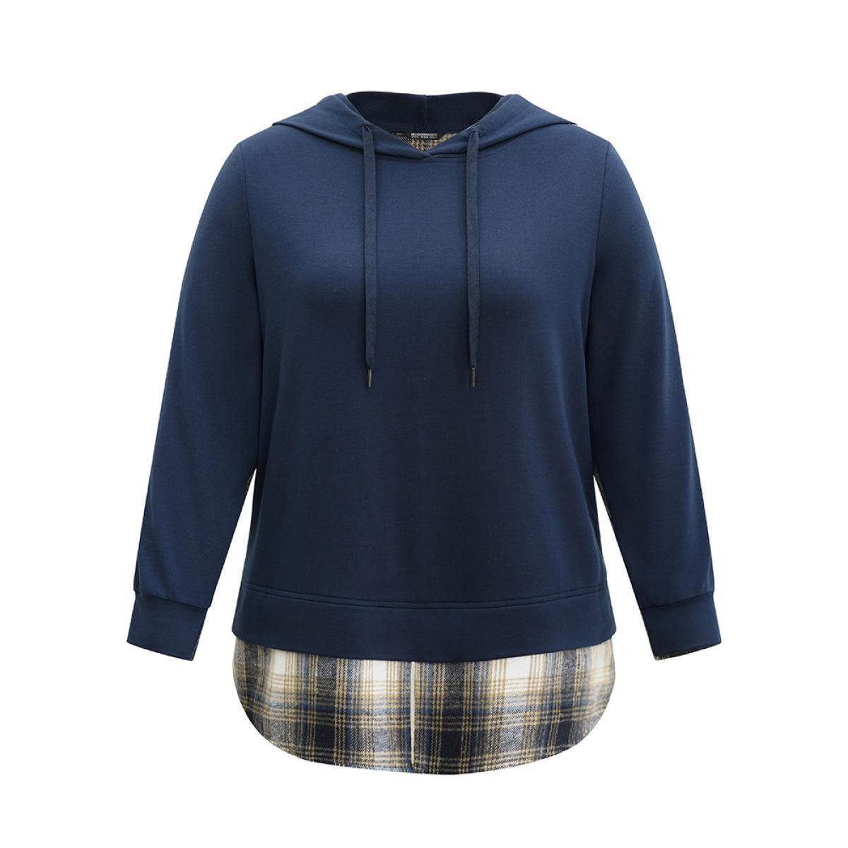 Plus Size Contrast Plaid Hooded Curved Hem Sweatshirt Women Blue Casual Contrast Hooded Dailywear Sweatshirts BloomChic 28/5X Product Image