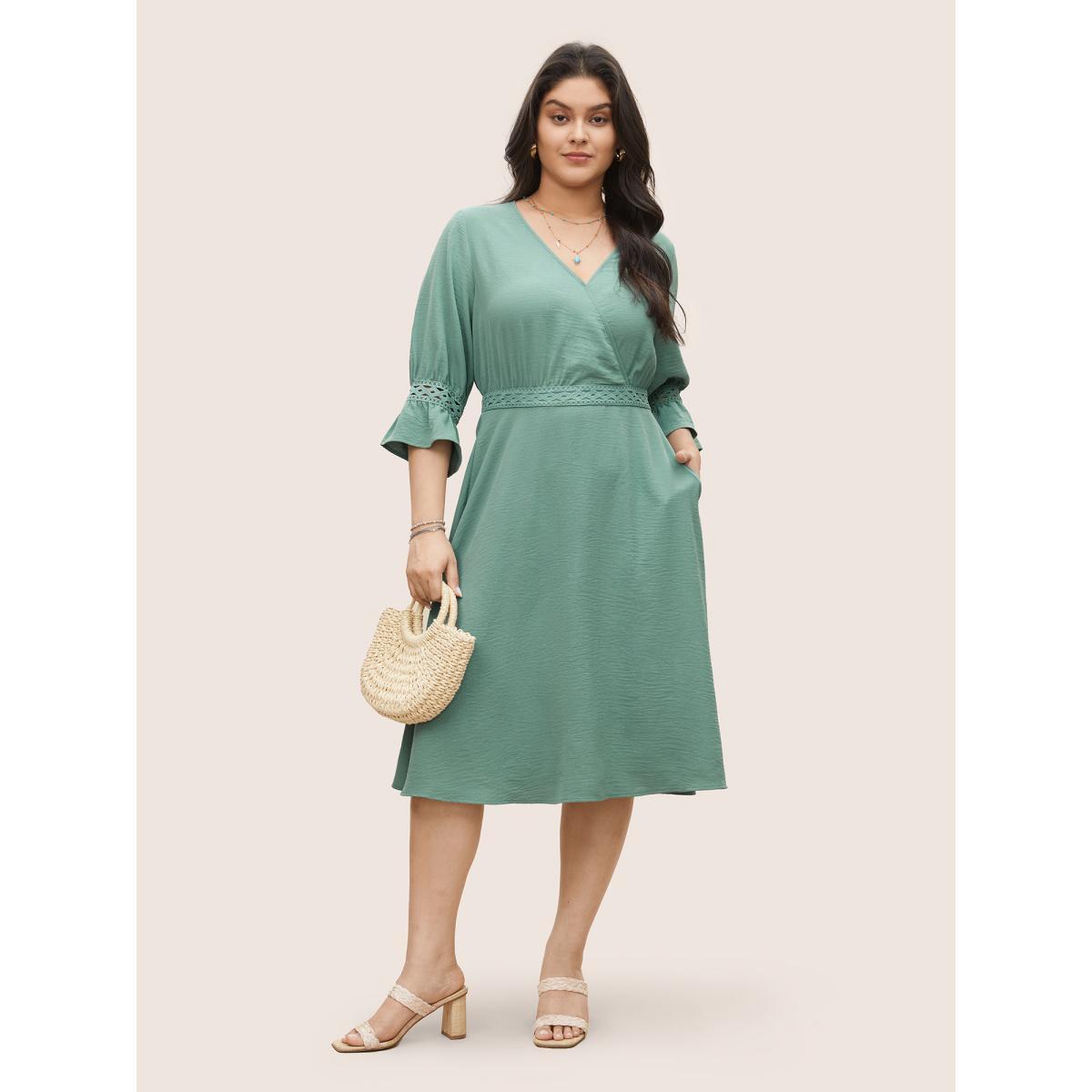 Plus Size Solid Eyelet Lace Surplice Neck Ruffle Sleeve Dress Moss Women Resort Non Overlap Collar Elbow-length sleeve Curvy Midi Dress BloomChic 30/6X Product Image