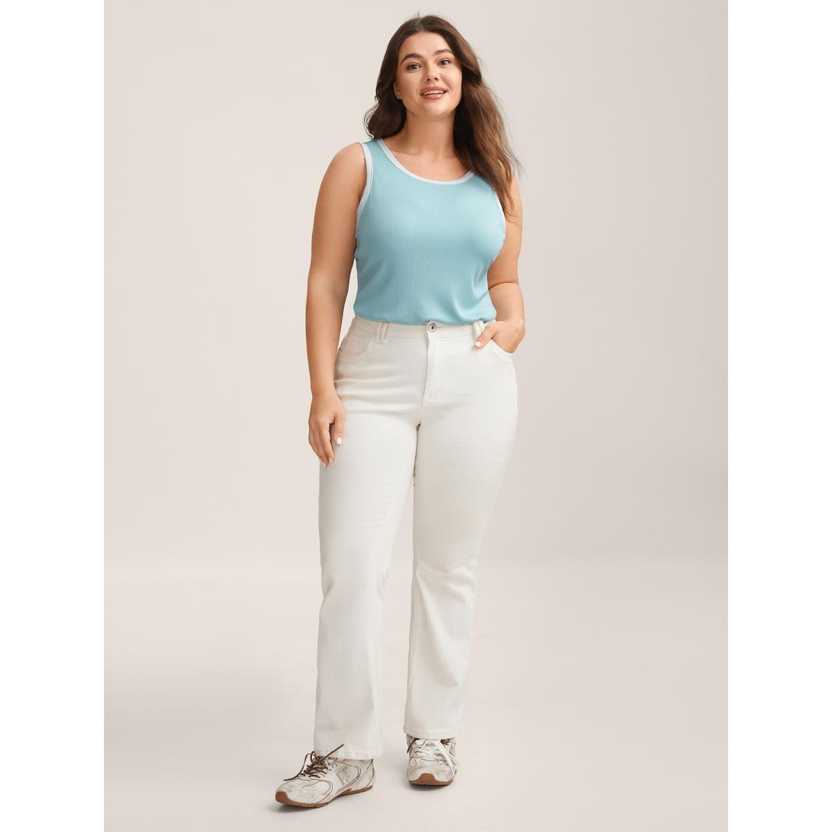 Plus Size Supersoft Stretchy Color Contrast Tank Top Women LightBlue Texture Round Neck Everyday-Casual Tank Tops Camis BloomChic 14-16/1X Product Image