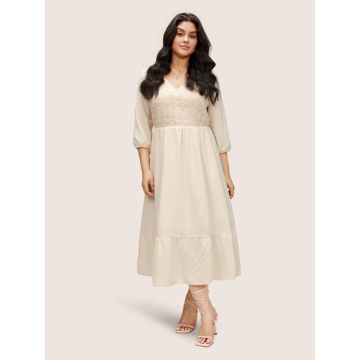 Plus Size Guipure Lace Lantern Sleeve Elastic Waist Dress Apricot Women Resort Non V-neck Elbow-length sleeve Curvy Midi Dress BloomChic 26/4X Product Image