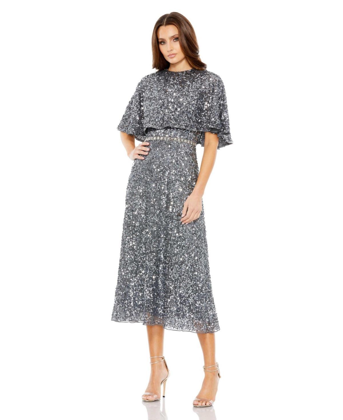 Mac Duggal Sequin Crew Neck Short Sleeve Cape Back Midi Dress Product Image