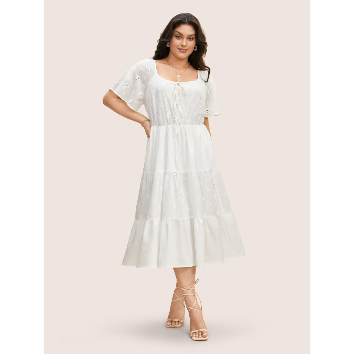 Plus Size Broderie Anglaise Ties Ruffle Layered Hem Dress Originalwhite Women Elegant Tie knot V-neck Short sleeve Curvy BloomChic 10/M Product Image