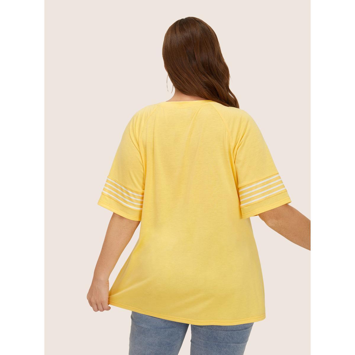 Plus Size Striped Contrast Raglan Sleeve Crew Neck T-shirt Yellow Women Casual Plain Everyday T-shirts BloomChic 26/4X Product Image