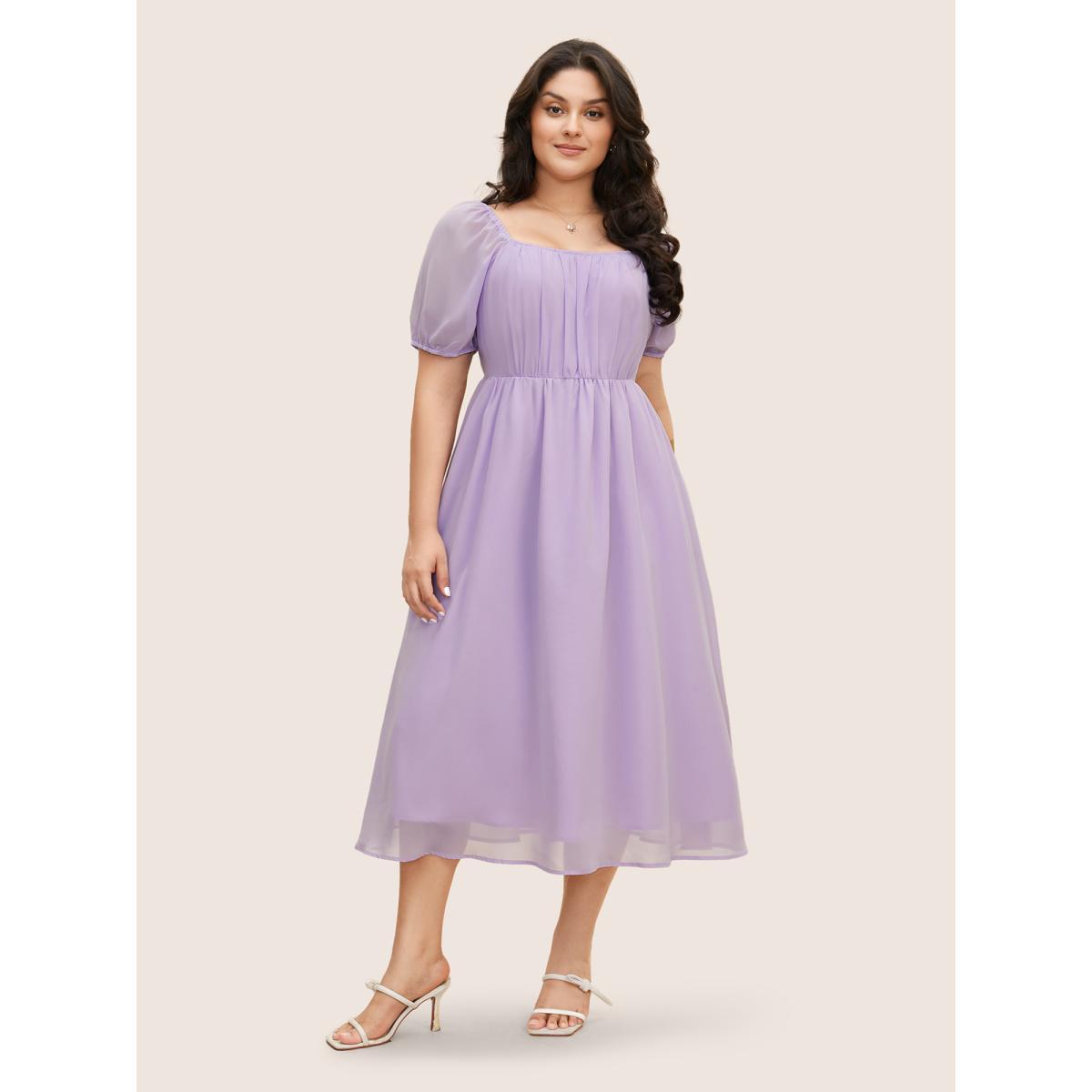 Plus Size Chiffon Square Neck Lantern Sleeve Dress Lavender Women Elegant Gathered Square Neck Short sleeve Curvy BloomChic 26/4X Product Image