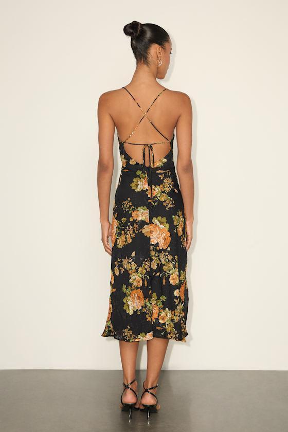 Petal Prowess Black Floral Print Lace-Up Cowl Midi Dress Product Image
