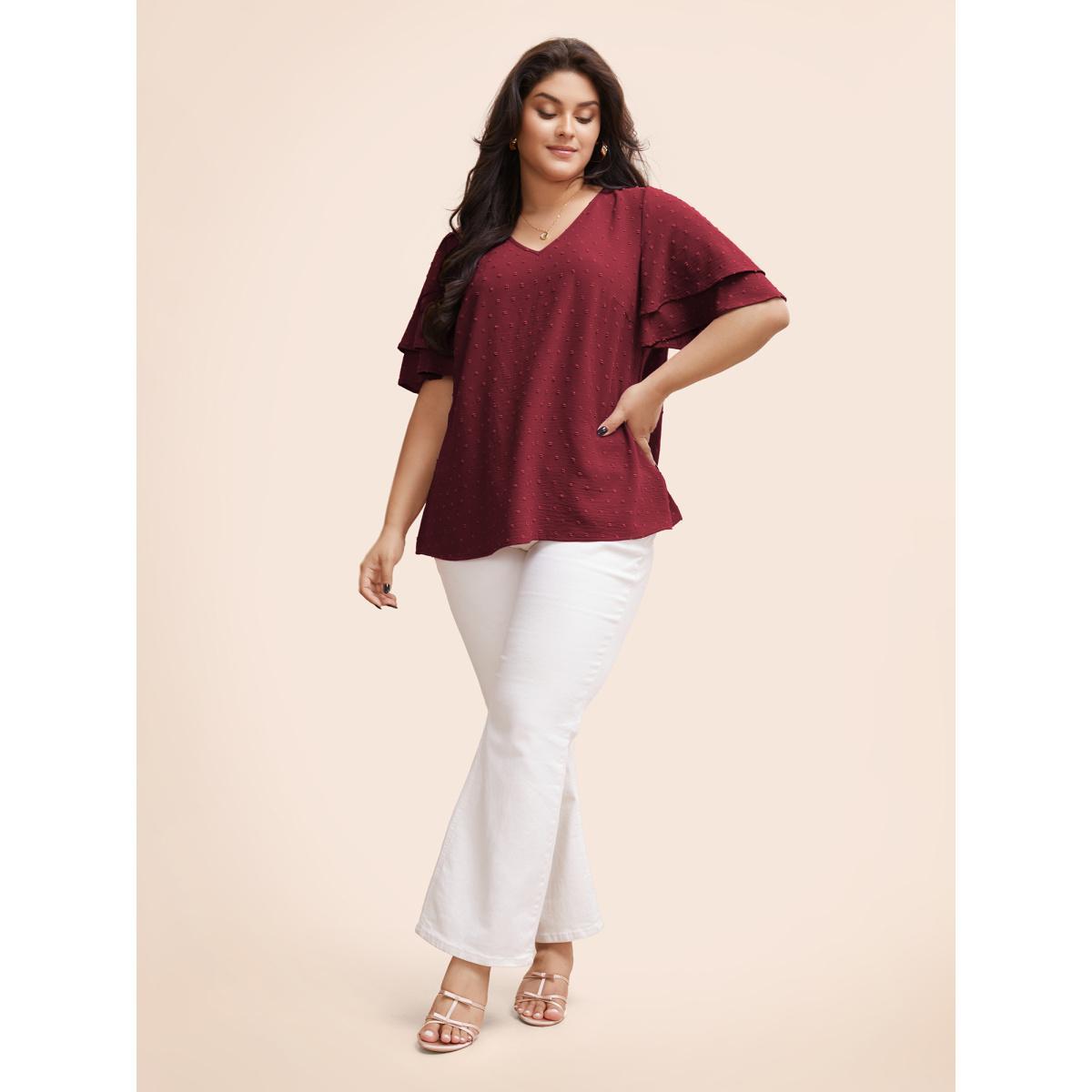 Plus Size Burgundy Plain Ruffle Tiered Sleeve V Neck Polka Dot Blouse Women Elegant Short sleeve V-neck Everyday Blouses BloomChic 30/6X Product Image