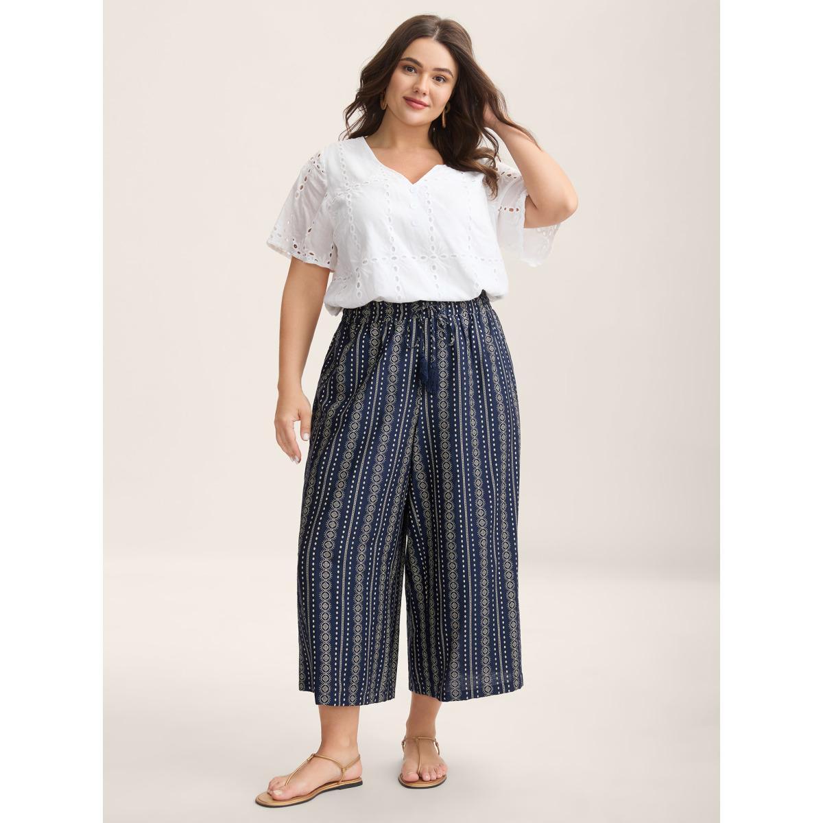 Plus Size Boho Stripe Tassel Wide-Leg Pants Women Indigo Resort Straight Leg Mid Rise Vacation Pants BloomChic 22-24/3X Product Image