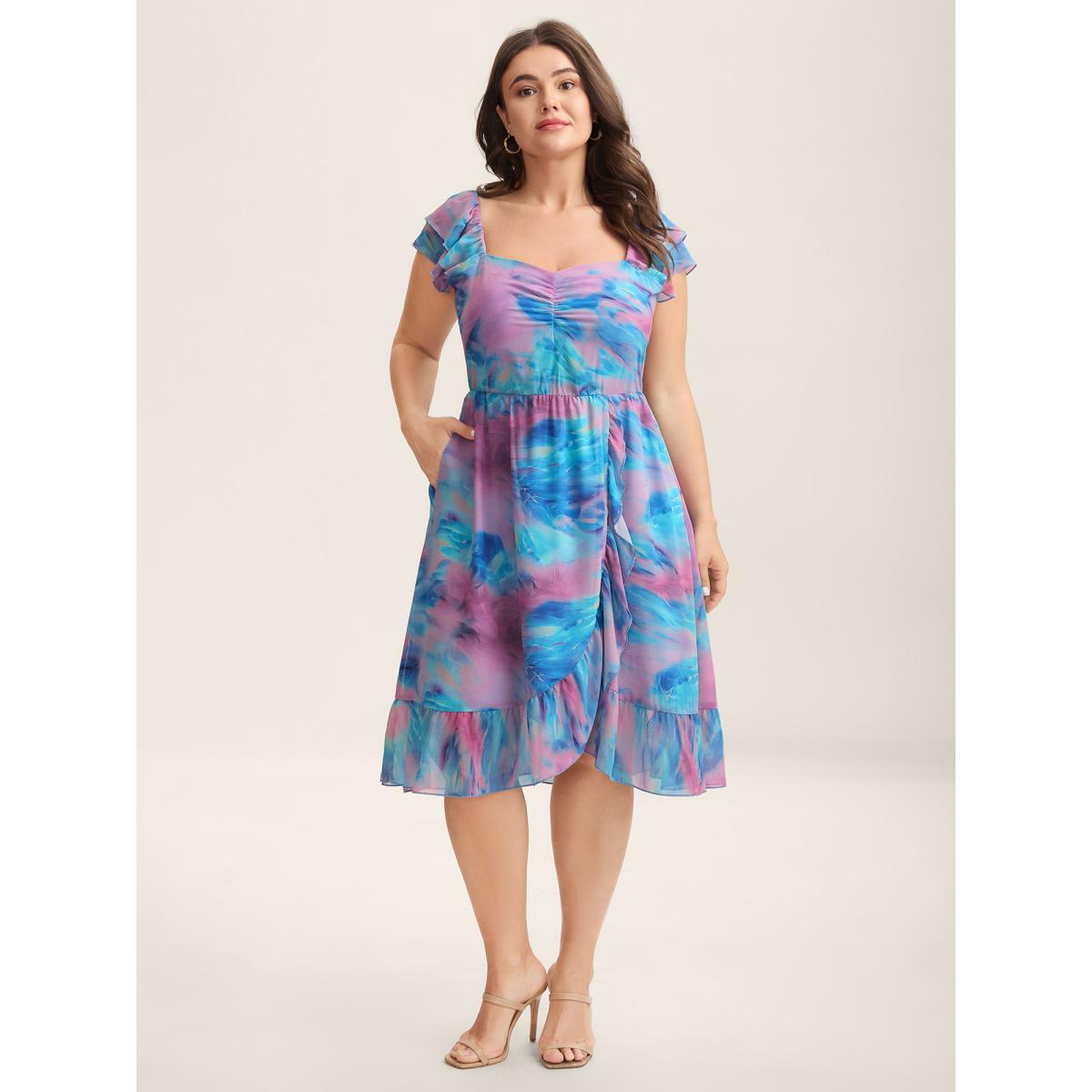 Plus Size Color Blend Stretchy Waist Pockets Midi Dress Skyblue Women Heart neckline Sleeveless Curvy BloomChic 14-16/1X Product Image