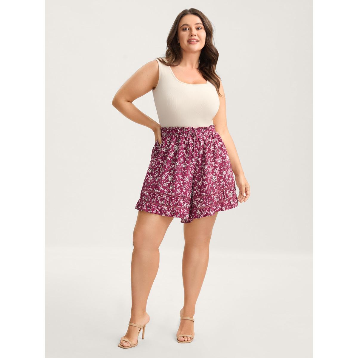 Plus Size Floral Waist-Tie Wide-Leg Shorts Women Burgundy Elegant Patchwork Wide Leg Everyday-Elegant Shorts BloomChic 14-16/1X Product Image
