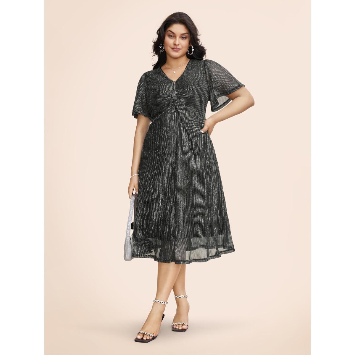 Plus Size Texture Twist Front See Through Dress Black Women Cocktail Twist V-neck Short sleeve Curvy BloomChic 28/5X Product Image