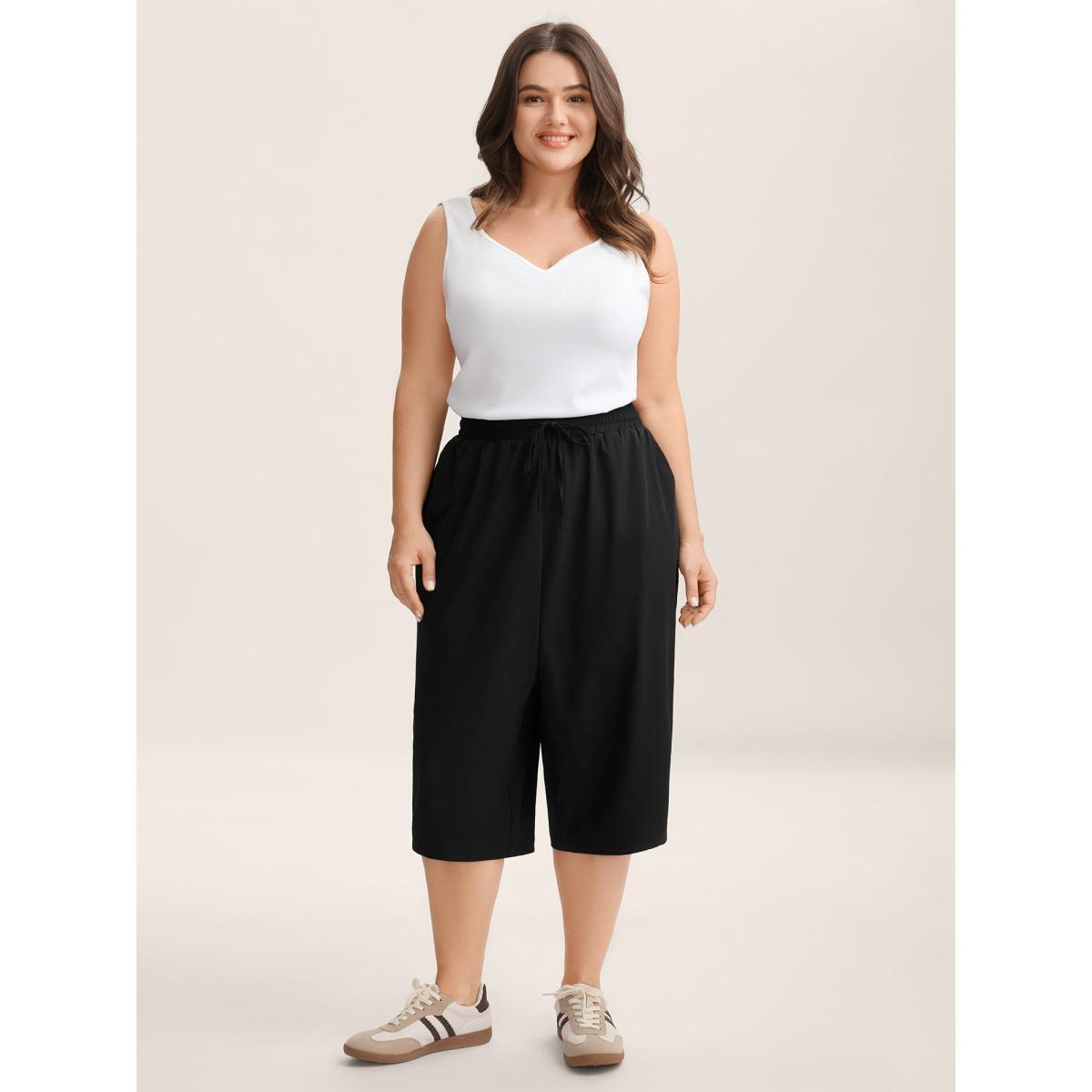 Plus Size Shirred Waist Tie Straight-Leg Crop Pants Women Black Casual Straight Leg Mid Rise Everyday-Casual Pants BloomChic 30/6X Product Image