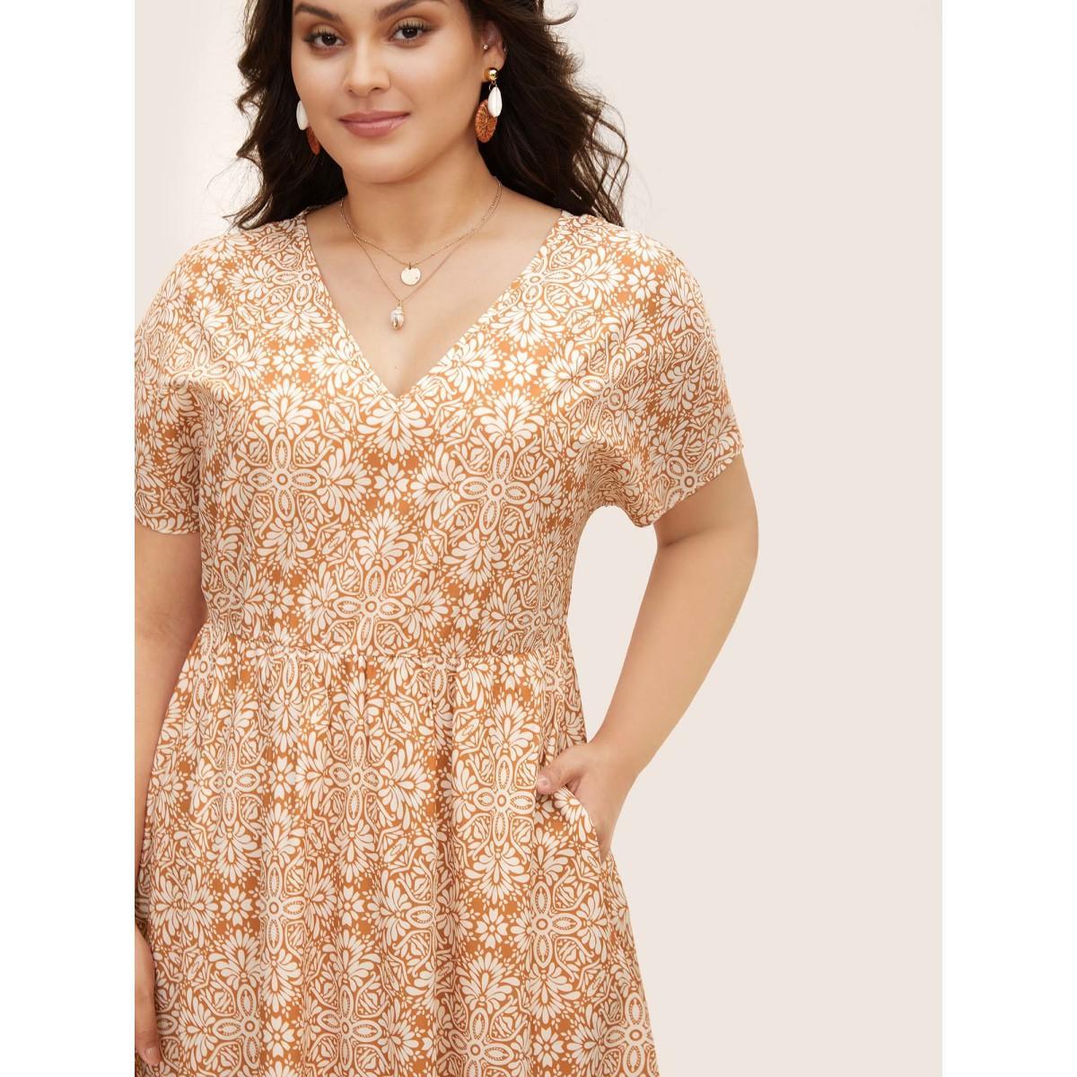 Plus Size V Neck Bandana Dolman Sleeve Midi Dress Brightorange Women Resort Gathered V-neck Short sleeve Curvy BloomChic 18-20/2X Product Image