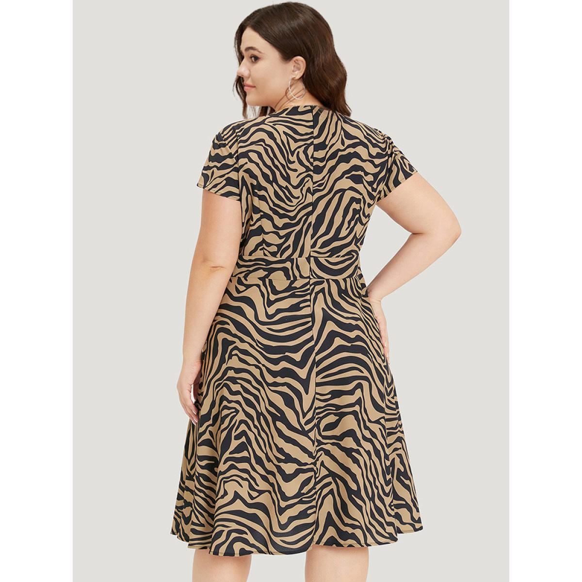 Plus Size Zebra Print Pocket V Neck Ruffle Hem Dress DarkBrown Women Elegant V-neck Cap Sleeve Curvy Midi Dress BloomChic 10/M Product Image