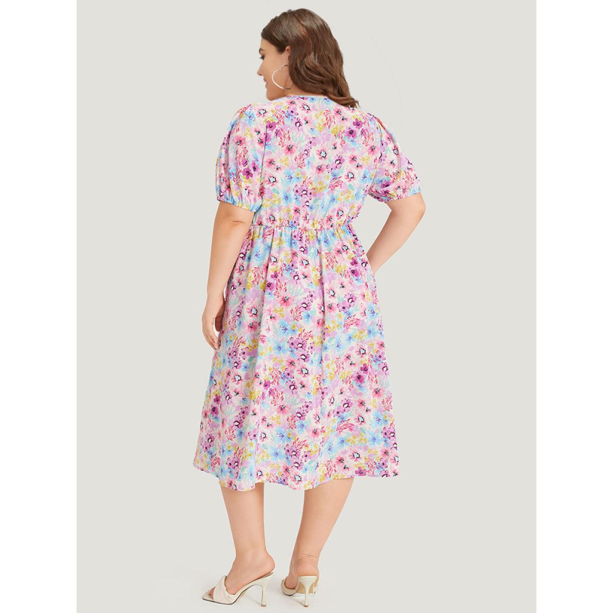 Plus Size Floral Print V Neck Gathered Puff Sleeve Dress Multicolor Women Elegant Elastic cuffs V-neck Short sleeve Curvy Midi Dress BloomChic 10/M Product Image