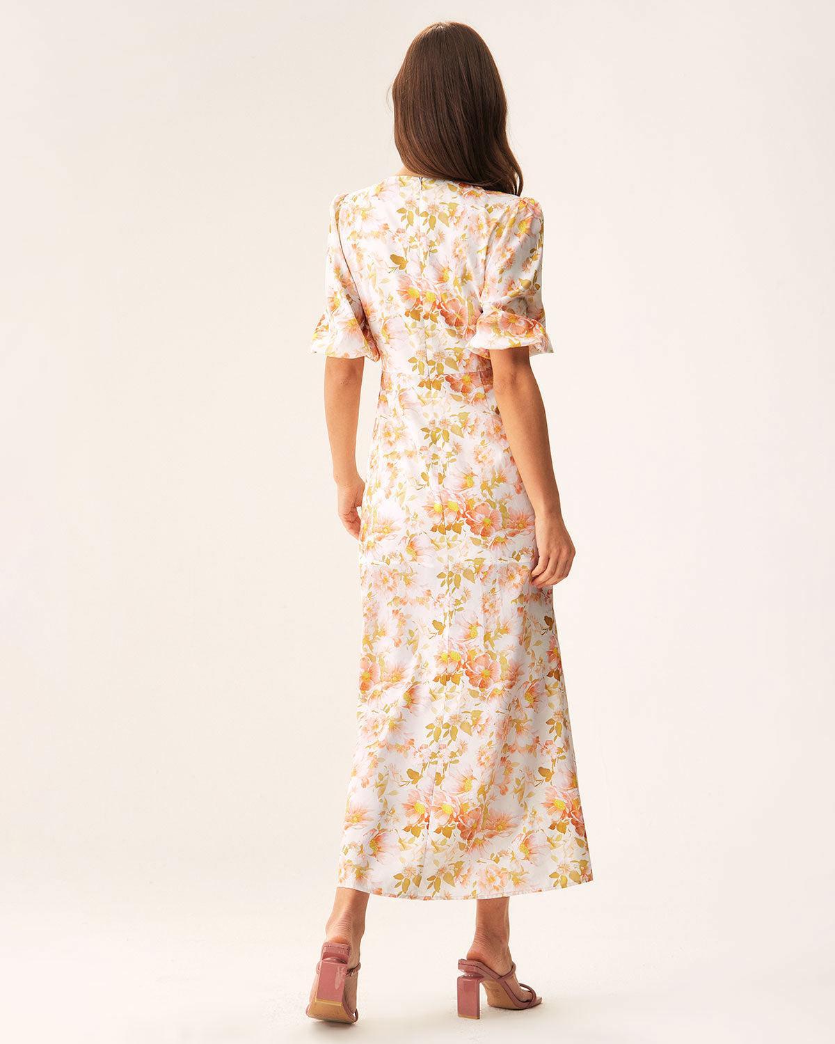 Orange Floral V-Neck Puffed Sleeve Maxi Dress Product Image