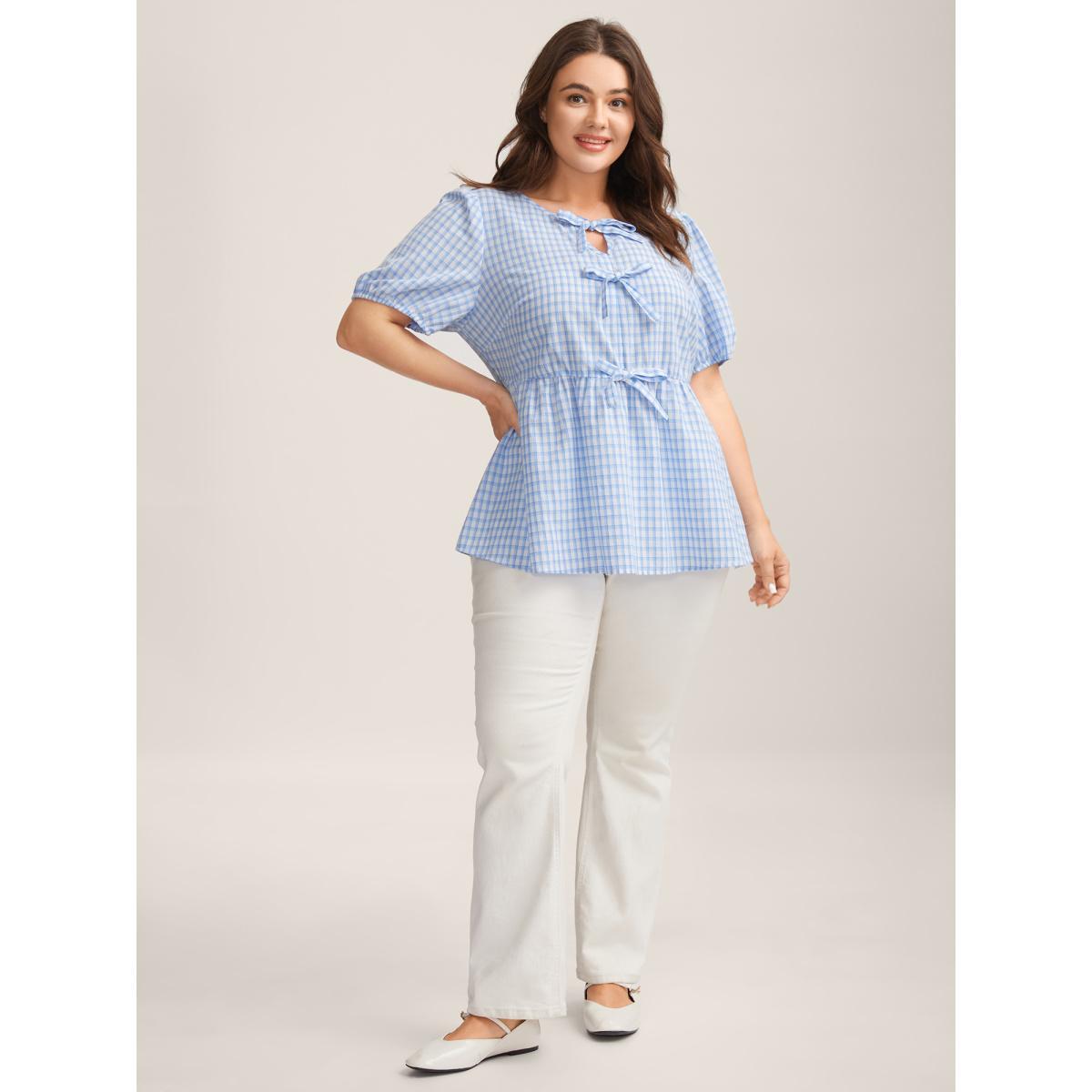 Plus Size LightBlue Bow Front Plaid Print Babydoll Top Women Short sleeve Notched collar Everyday-Casual Blouses BloomChic 28/5X Product Image