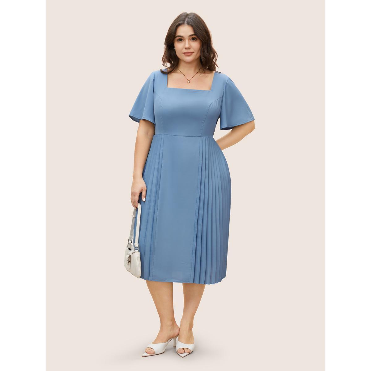 Plus Size Square Neck Plain Pleated Ruffle Sleeve Dress Stone Women At the Office Pleated Square Neck Short sleeve Curvy BloomChic 28/5X Product Image