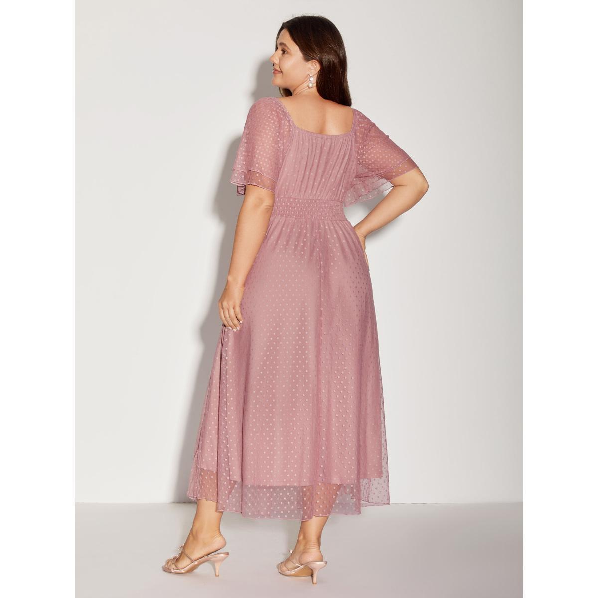 Plus Size Textured Dot Lace Trim Midi Dress Watermelon Women Square Neck Short sleeve Curvy BloomChic 12/L Product Image