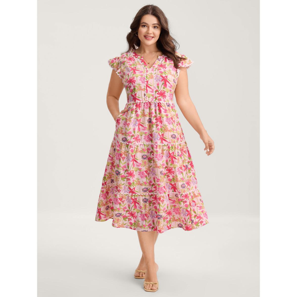 Plus Size Floral Color Block Lace Trim Midi Dress Blush Women Woven ribbon&lace trim Notched collar Cap Sleeve Curvy BloomChic 28/5X Product Image